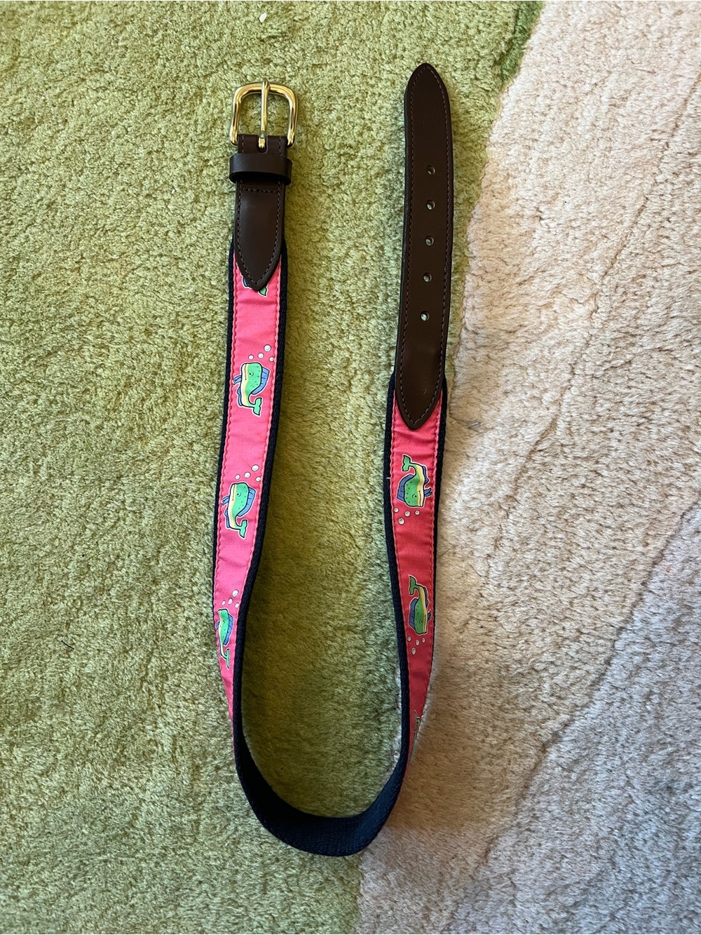 Kids Pink Whale Print Belt with Brown Leather Trim 28 inch